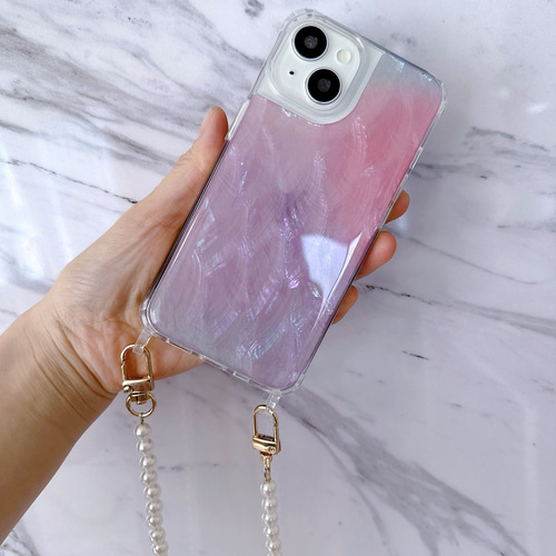 天然シェル スマホケース iPhoneパールストラップ 天然貝シェル
