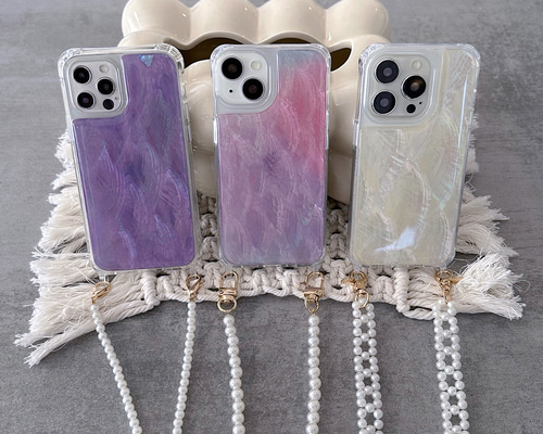 キラキラ天然シェル♡ハートポップソケット ホワイト✨パールチェーン✨iPhone キラキラ天然シェル♡ハートポップソケット ホワイト✨パール