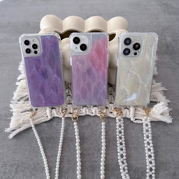 天然シェル　スマホケース　iPhoneパールストラップ　天然貝シェルiPhoneケース　パールショルダーストラップ 1枚目の画像