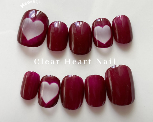 ボルドーのクリアハートネイル ネイルチップ（つけ爪