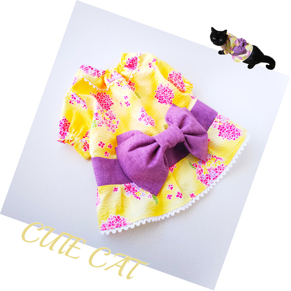 ss55、夏浴衣風(水色)幅広シュシュ、わんちゃん猫ちゃん用 猫服