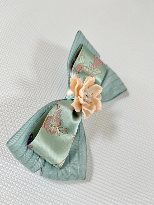 韓国刺繍花飾りパールリボンバレッた 2枚目の画像