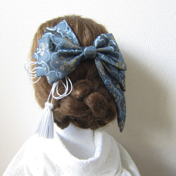 髪飾り　リボン✿金襴 アシンメトリー　藍色　ウエディング　成人式　卒業式　着物　袴　振袖　 8枚目の画像