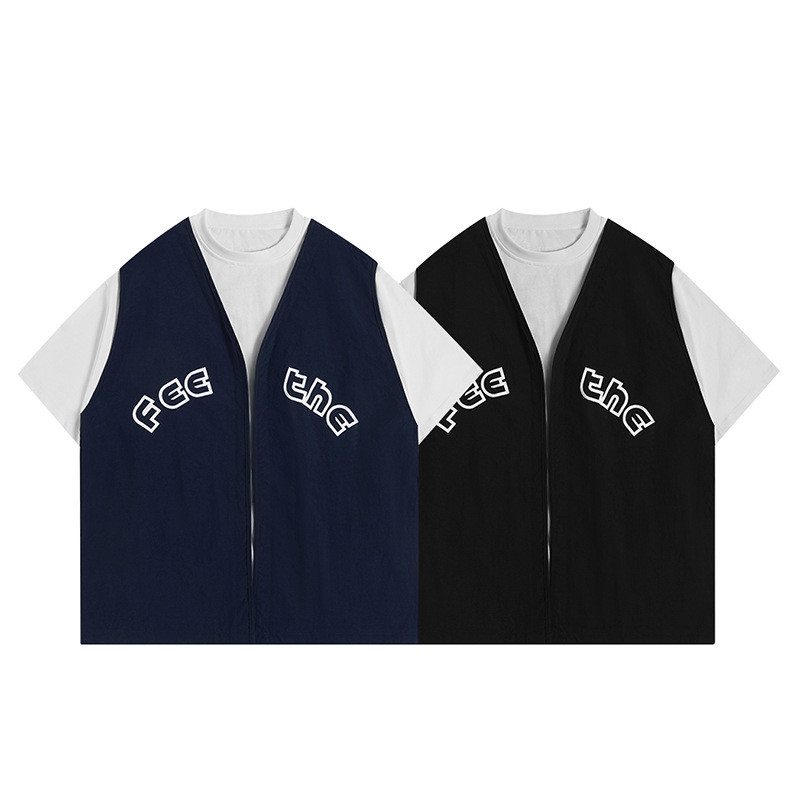 24夏のメンズファッションの個性半袖のゆったりとしたtシャツをつなぎ合わせる  W317