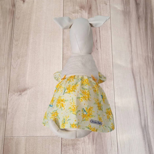 犬服～ミモザと青い鳥ギャザーワンピース 春夏 受注製作(XS～TM) ※袖