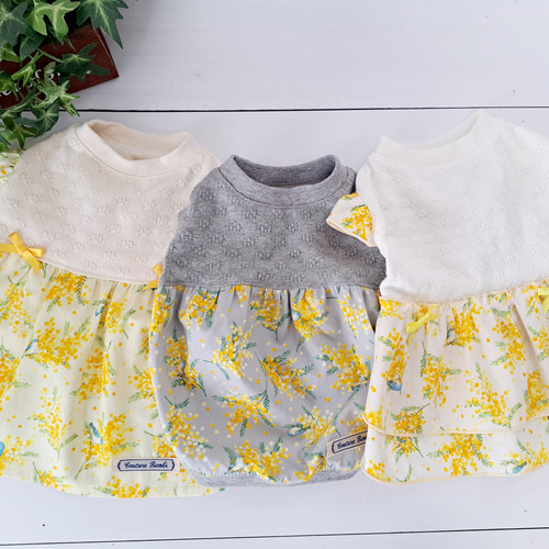 犬服～ミモザと青い鳥ギャザーワンピース 春夏 受注製作(XS～TM) ※袖