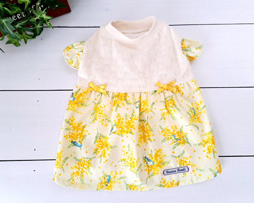 犬服～ミモザと青い鳥ギャザーワンピース 春夏 受注製作(XS～TM) ※袖