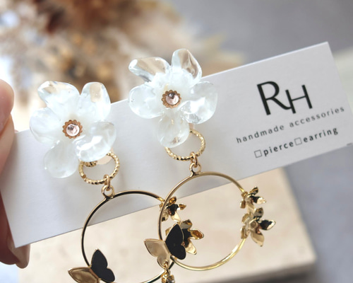 イヤリング/ピアス フラワーモチーフ 2way 選べる誕生石チャーム