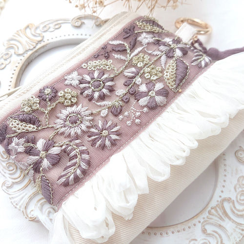 ポケットティッシュケース インド刺繍リボン パープル 329-11