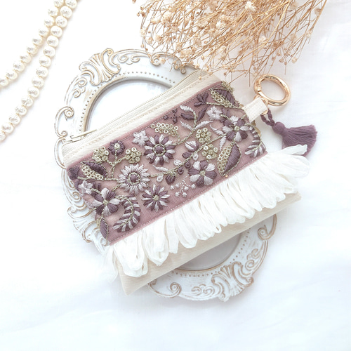 インド刺繍リボン ♡ ポケットティッシュケース 付き ミニポーチ