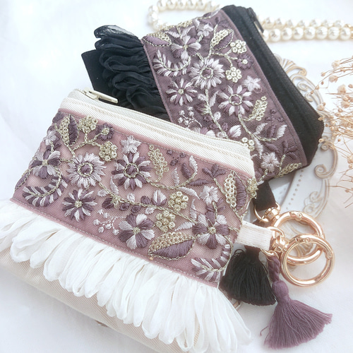 インド刺繍リボン ♡ ポケットティッシュケース 付き ミニポーチ