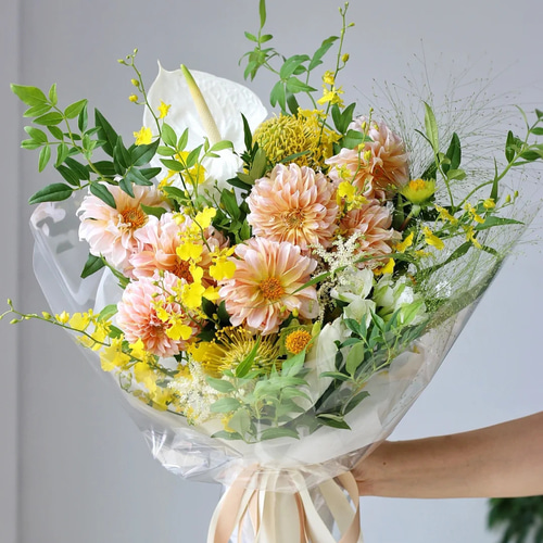 ダリアのブーケ - オレンジ ブーケ＋花瓶 一輪挿し・花瓶・花器 King