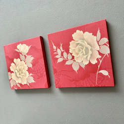 着物のファブリックパネル　アンティークピンクに牡丹と薔薇（2枚セット）着物リメイク　インテリア　古民家　壁飾り　日本 4枚目の画像