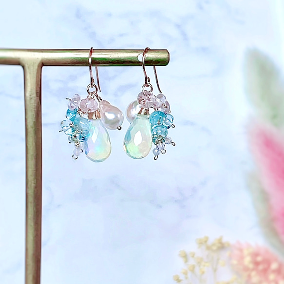 宝石質大粒プレシャスオパールとベリルのブーケピアス◇14kgf ピアス  