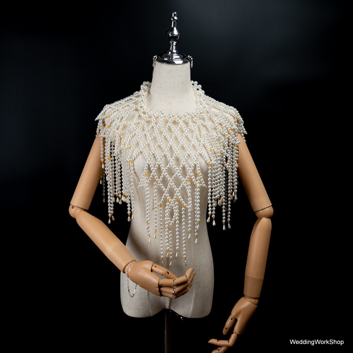 美しい  ポンチョ ハンドメイド パール ウェディング ブライダル 結婚式 パーティー り167