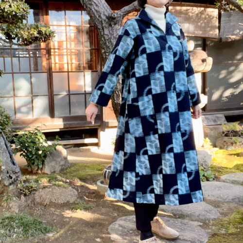 着物リメイク藍大島紬刺し子ワンピース 着物リメイク藍大島紬刺し子ワンピース