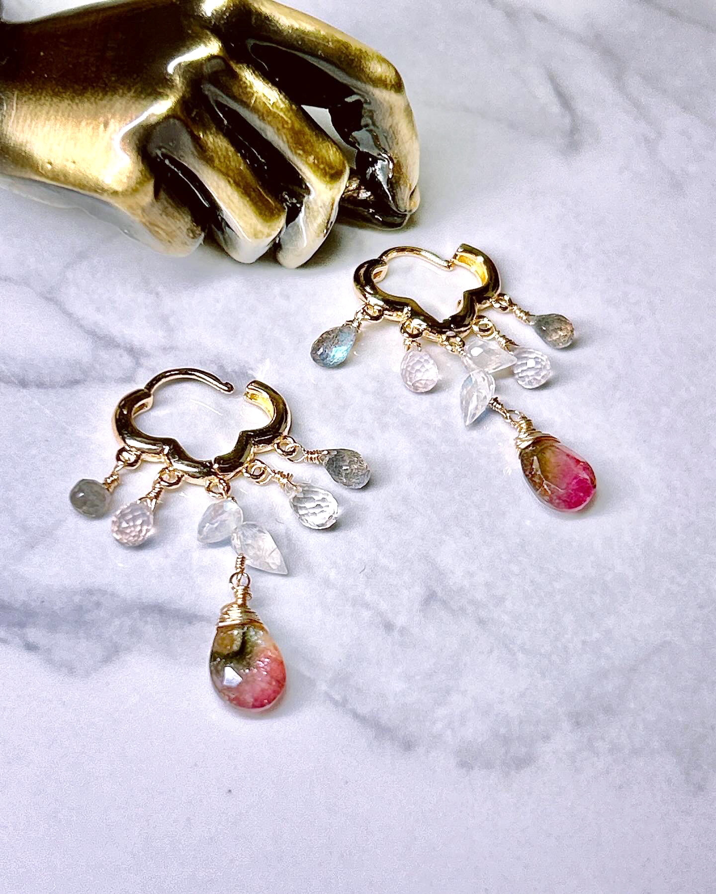 一点物14kgf☆バイカラーウォーターメロントルマリンの雲モチーフ雨降りピアス