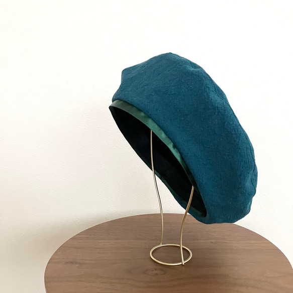 春夏　大人のベレー帽　サテンラインがおしゃれな綿麻ベレー帽（グリーン） 2枚目の画像