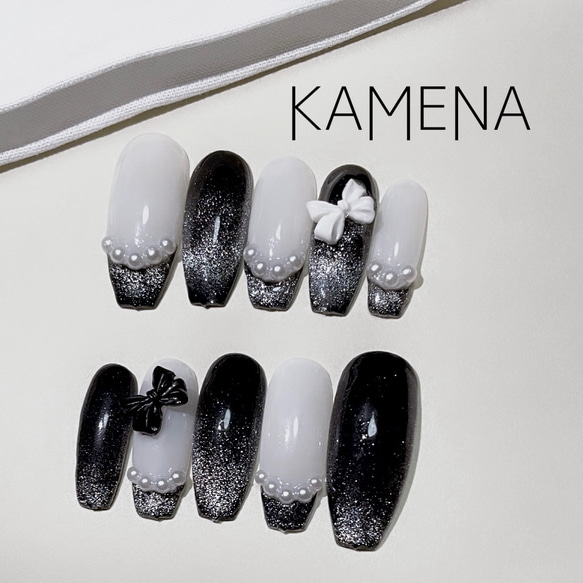 マグネットネイル リボン ミラー フレンチ ネイルチップ ハンドメイド 現品】ネイルチップ リボン マグネット ミラー フレンチ ピンク