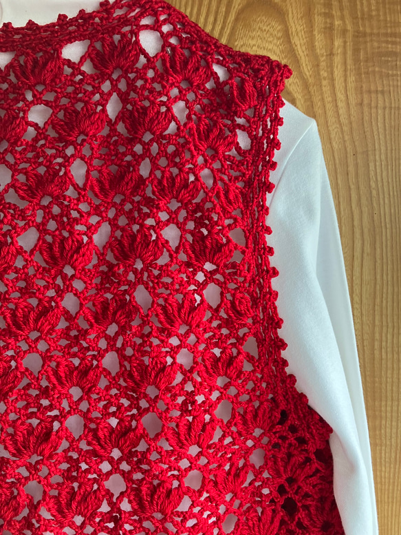 送料無料　ウール100%の手編みのベスト(赤色　Ｌサイズ〜　1点限) 3枚目の画像