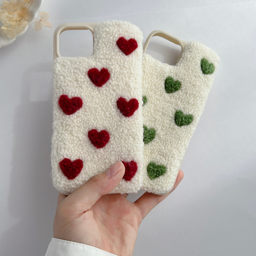 ハートの刺繍スマホケース＊グリーン＊韓国風＊iPhoneケース iPhone 