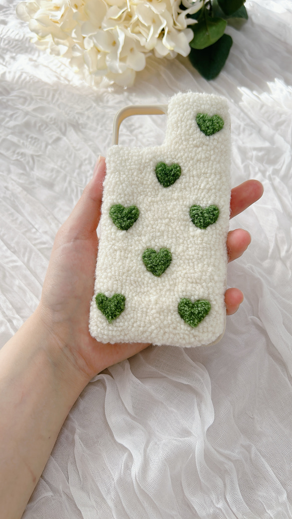 ハートの刺繍スマホケース＊グリーン＊韓国風＊iPhoneケース全機種対応 8枚目の画像