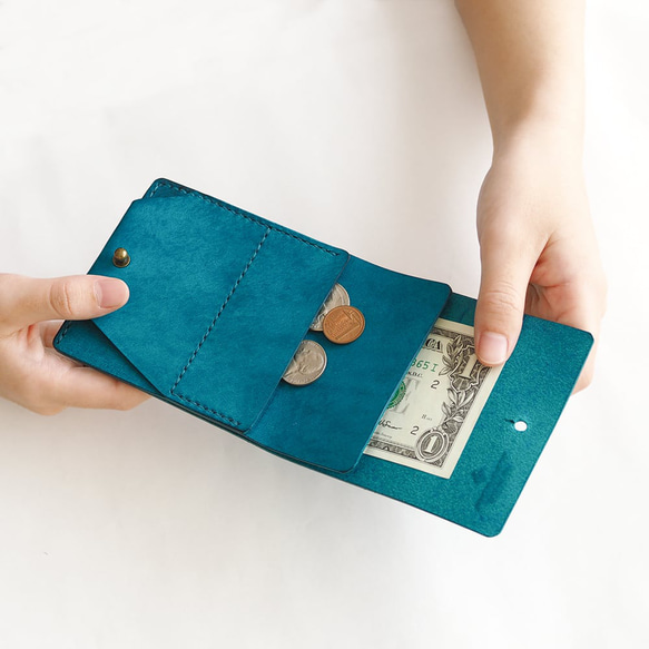 薄い 二つ折り財布【ブラウン】 ブランド メンズ レディース 鍵 コンパクト ハンドメイド 手縫い  レザー 革 10枚目の画像