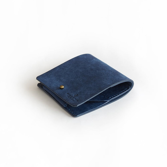 薄い 二つ折り財布【ブルー】 ブランド メンズ レディース 鍵 コンパクト ハンドメイド 手縫い  レザー 革 2枚目の画像
