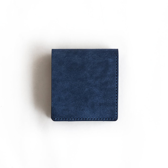 薄い 二つ折り財布【ブルー】 ブランド メンズ レディース 鍵 コンパクト ハンドメイド 手縫い  レザー 革 4枚目の画像