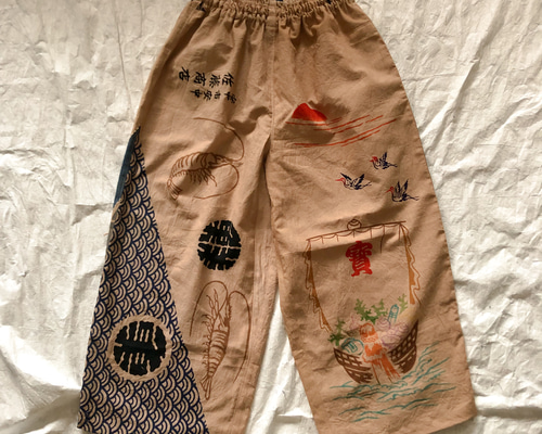 柿渋染めもんぺ【薔薇】ハンドメイド ワイドパンツ 柿渋染め 【ワイドパンツ おおきな花柄】 ハンドメイド 浴衣 鉄