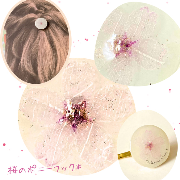 ポニーフック: 桜（さくら）ープラバン花ヘアアクセサリー 春アクセサリー 髪飾り 押花風 葉脈模様 ハンドメイド 1枚目の画像