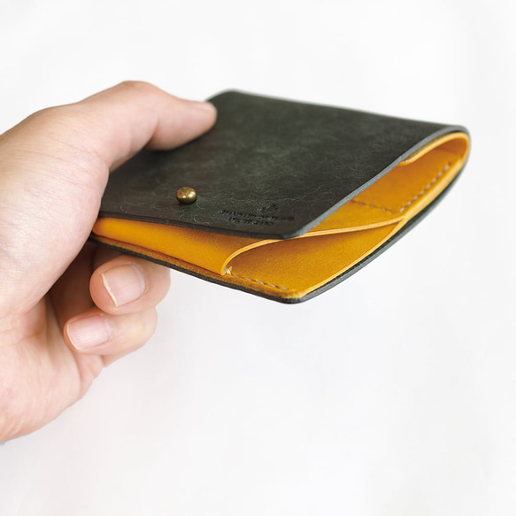 薄い 二つ折り財布【グリーン×イエロー】 ブランド メンズ レディース 鍵 コンパクト 手縫い レザー 革 7枚目の画像