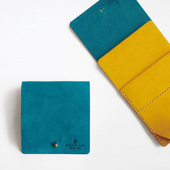 薄い 二つ折り財布【ターコイズ×イエロー】 ブランド メンズ レディース 鍵 コンパクト 手縫い レザー 革 1枚目の画像