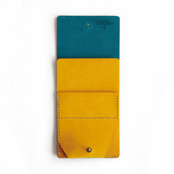 薄い 二つ折り財布【ターコイズ×イエロー】 ブランド メンズ レディース 鍵 コンパクト 手縫い レザー 革 5枚目の画像