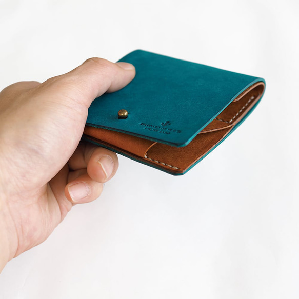 薄い 二つ折り財布【ターコイズ×ブラウン】 ブランド メンズ レディース 鍵 コンパクト 手縫い レザー 革 7枚目の画像