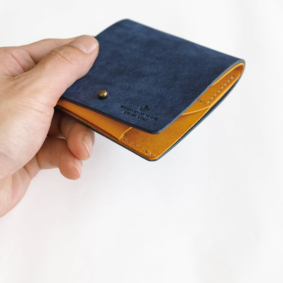 薄い 二つ折り財布【ブルー×イエロー】 ブランド メンズ レディース 鍵 コンパクト 手縫い レザー 革 7枚目の画像