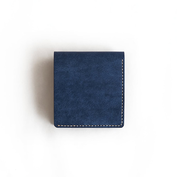 薄い 二つ折り財布【ブルー×イエロー】 ブランド メンズ レディース 鍵 コンパクト 手縫い レザー 革 4枚目の画像