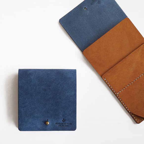 薄い 二つ折り財布【ブルー×ブラウン】 ブランド メンズ レディース 鍵 コンパクト 手縫い レザー 革 1枚目の画像
