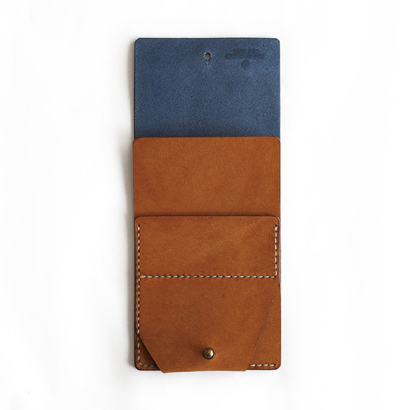薄い 二つ折り財布【ブルー×ブラウン】 ブランド メンズ レディース 鍵 コンパクト 手縫い レザー 革 5枚目の画像
