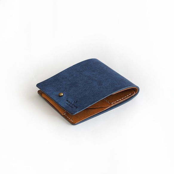 薄い 二つ折り財布【ブルー×ブラウン】 ブランド メンズ レディース 鍵 コンパクト 手縫い レザー 革 2枚目の画像