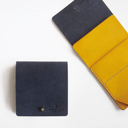 薄い 二つ折り財布【ネイビー×イエロー】 ブランド メンズ レディース 鍵 コンパクト 手縫い レザー 革 1枚目の画像