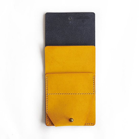 薄い 二つ折り財布【ネイビー×イエロー】 ブランド メンズ レディース 鍵 コンパクト 手縫い レザー 革 5枚目の画像