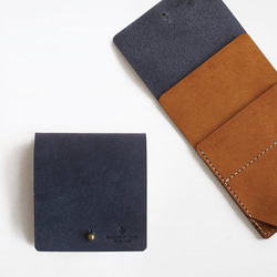 薄い 二つ折り財布【ネイビー×ブラウン】 ブランド メンズ レディース 鍵 コンパクト 手縫い レザー 革 1枚目の画像