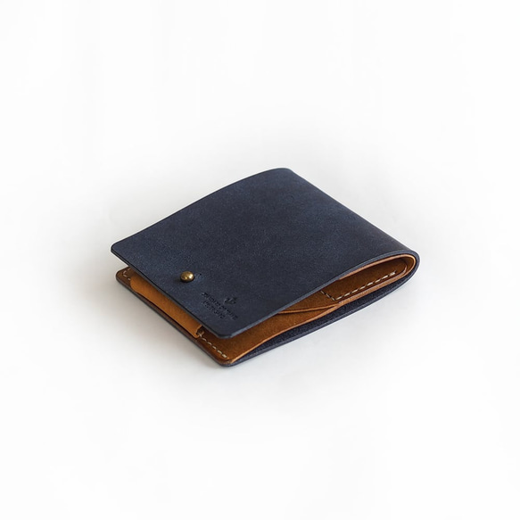 薄い 二つ折り財布【ネイビー×ブラウン】 ブランド メンズ レディース 鍵 コンパクト 手縫い レザー 革 2枚目の画像