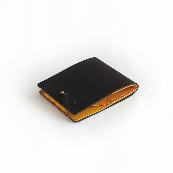 薄い 二つ折り財布【ブラック×イエロー】 ブランド メンズ レディース 鍵 コンパクト 手縫い レザー 革 2枚目の画像