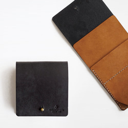 薄い 二つ折り財布【ブラック×ブラウン】 ブランド メンズ レディース 鍵 コンパクト 手縫い レザー 革 1枚目の画像