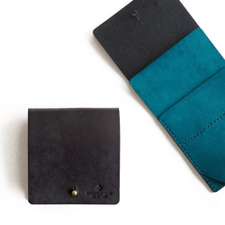 薄い 二つ折り財布【ブラック×ターコイズ】 ブランド メンズ レディース 鍵 コンパクト 手縫い レザー 革 1枚目の画像
