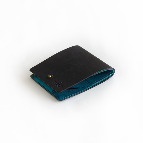 薄い 二つ折り財布【ブラック×ターコイズ】 ブランド メンズ レディース 鍵 コンパクト 手縫い レザー 革 2枚目の画像