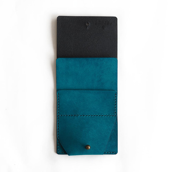 薄い 二つ折り財布【ブラック×ターコイズ】 ブランド メンズ レディース 鍵 コンパクト 手縫い レザー 革 5枚目の画像