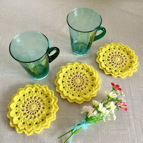 たんぽぽ 二重花びら 手編み ドイリー コースター 茶托 ガーランド